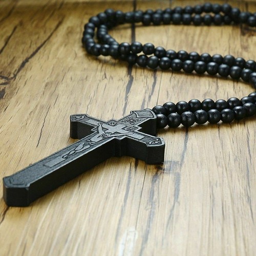 Long Rosary Necklace Large Wood Jesus 