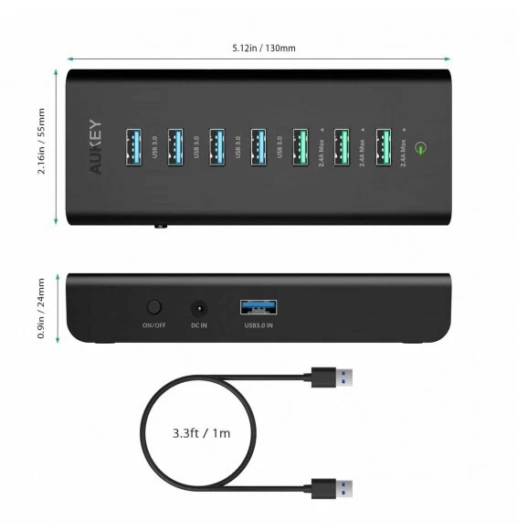 Aukey HUB Multipresa USB 3.0 36W 7 Porte Sdoppiatore USB Carica Rapida H19 - Immagine 4 di 4