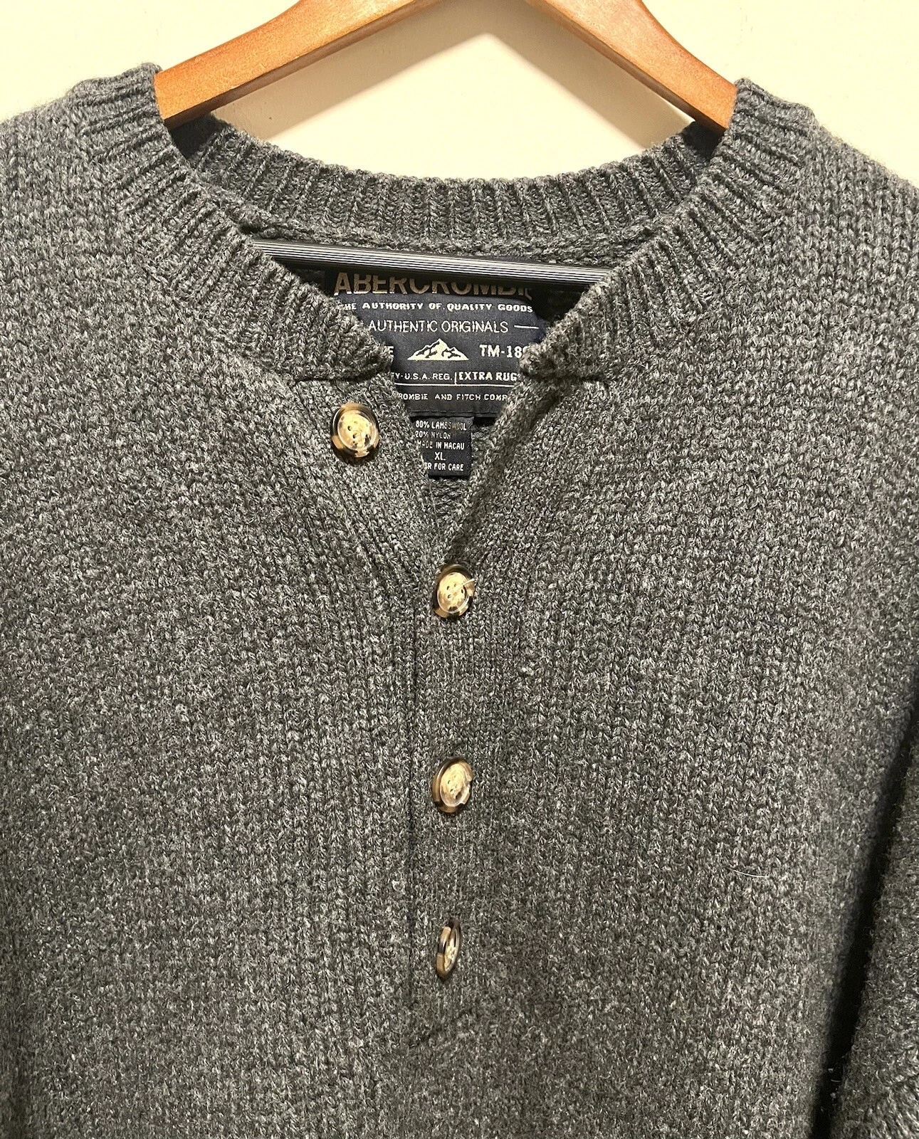 Abercrombie 1/4 Button Gray Sweater Lambswool Nylon Extra Rugged XL Vintage
