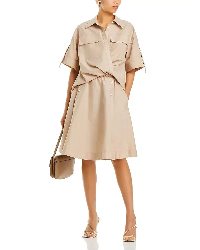 NUEVO, 3.1 Phillip Lim Vestido Camisa Drapeado Manga Corta en Caqui Talla 6 #MD1001 Foto 2 de 4