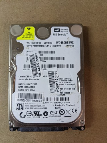 Disque Dur Portable 2,5" 160Go WD1600BEVS - SATA II - Testé Et Fonctionnel