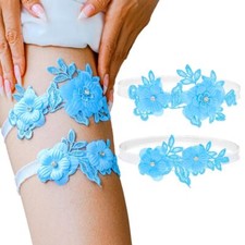 Bride Lace Garter Set Wedding Floral Garters Blue Crystal Stretchy Leg Access...