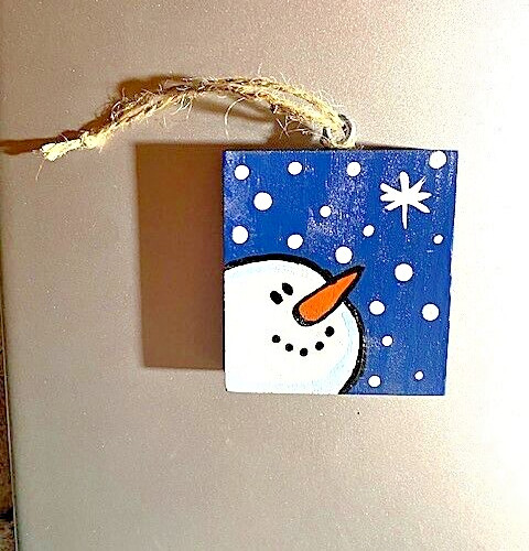 Snowman Hanging Wooden Painted Block Handmade Ornament 2-3/4" x 3" NEW