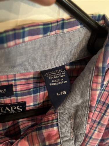 Chaps Ralph Lauren SZ L Plaid Shirt Easy Care Short Sleeve Button Up Pink Blue - Picture 3 of 11