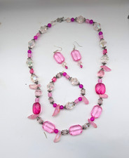 Pink  Clear Faceted Glass Bead Necklace Bracelet  Drop Earrings Set