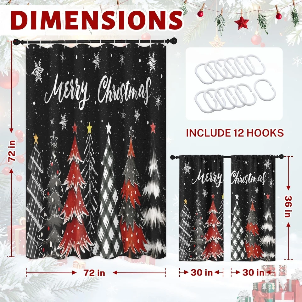 Christmas Trees Snowflakes Shower Curtain with Matching Window Curtains Set, ... - Image 2 of 4