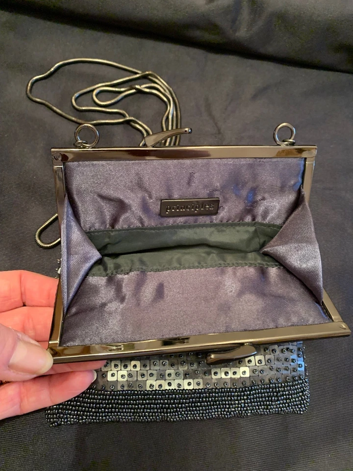 Small nickel colour Beaded/sequinned Evening Bag With snake chain Shoulder Strap - Image 4 of 4