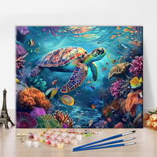 Adults Paint by Numbers Happy Sea Turtle in Vibrant Coral Reef Art Kit with Tro
