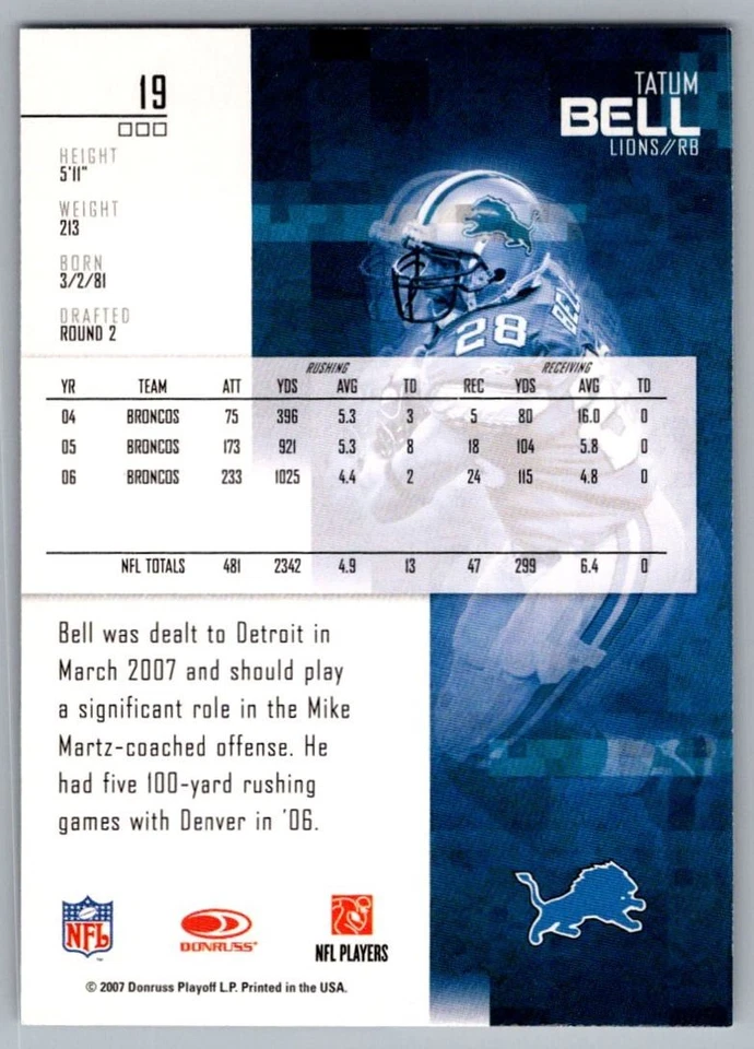 2007 Donruss Playoff Award Winners Tatum Bell Detroit Lions #19 - Image 2 of 2