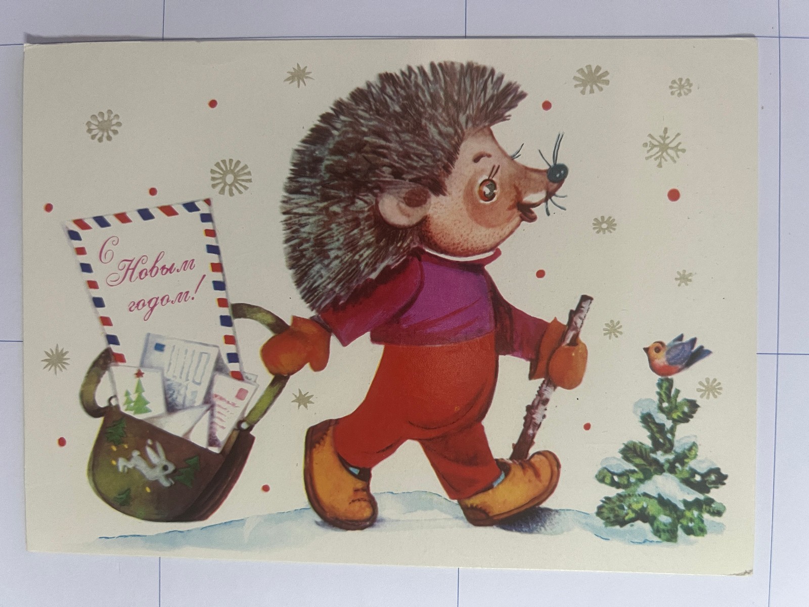 Postkarte Glückwunsch Neujahr Weihnachten Igel Postbote Vogel Russland Udssr