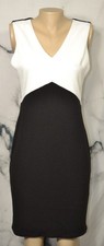 CALVIN KLEIN Black White Colorblock V Neck Dress 8 Sleeveless Lined Waffle Weave