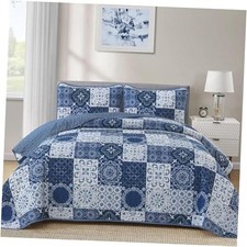 Boho Quilt Set Size Plaid Patchwork Bedspread Coverlet Set, 3 Queen Navy Blue