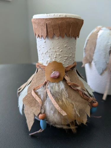 2 Vintage Southwest Native American White Pottery Vases with feathers & beads