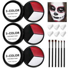 3 Set Black White Red Face Body Paint,3 Colors Clown Makeup Kit with Sponge and