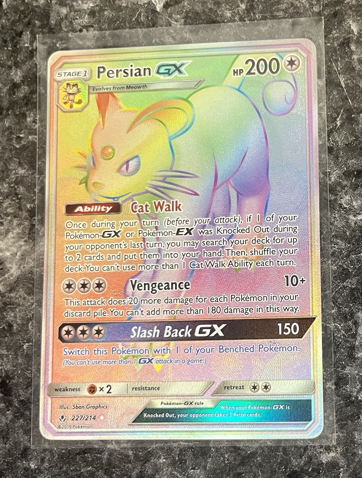 Pokémon TCG Persian GX Holo Secret Rare Card Unbroken Bonds 227/214 NM