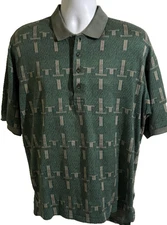 Descente Polo Shirt Mens Medium  Green Geometric Jacquard Golf Short Sleeve Knit