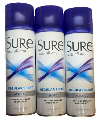 #ad 3 X SURE Anti perspirant Deodorant Aerosol Spray Regular Scent 6oz NEW $31.98