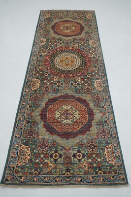 3 x 9 ft Green Turkish Mamluk Fine quality Hand knotted Runner Rug