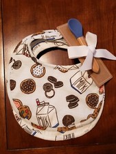NEW NWT Mud Pie Baby Boy Milk Cookie Muslin Feeding 2 Bibs Silicone Spoon Set
