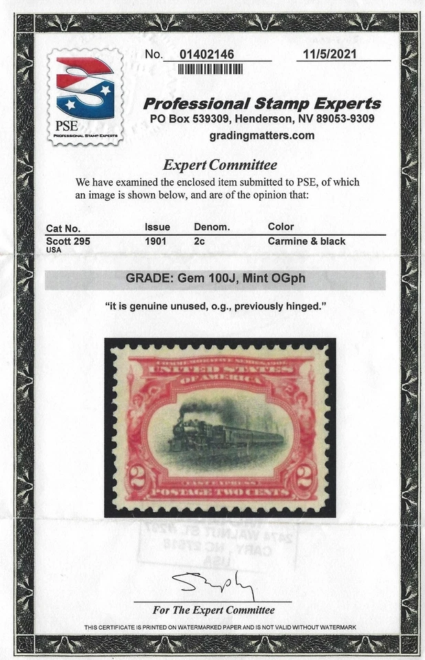 US Scott # 295 - PSE Graded Gem 100J - Very Lightly Hinged - Jumbo!! (P3) - Image 3 of 3