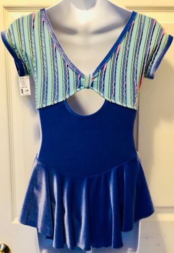GK CAP SLEEVE ICE FIGURE SKATE GIRLS MEDIUM OCEAN VELVET RUFFLE STRIPE DRESS CM - Picture 3 of 8