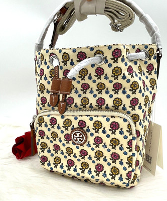 AUTH NWT Tory Burch Virginia Ivory Florals Daisy Border Print Nylon Bucket Bag