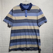 Tasso Elba Mens Polo Shirt Blue Striped Medium Cotton Blend Short Sleeve Collar