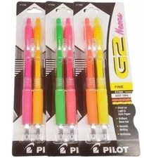 Pilot G2 Neon Lot/3 Retractable Pen .7mm Fine 2/Pk 6 Total Pens Office School