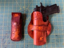 Handmade Leather LH Cross Draw Holster 2 mag pouches 1911 Eagle Custom Carving