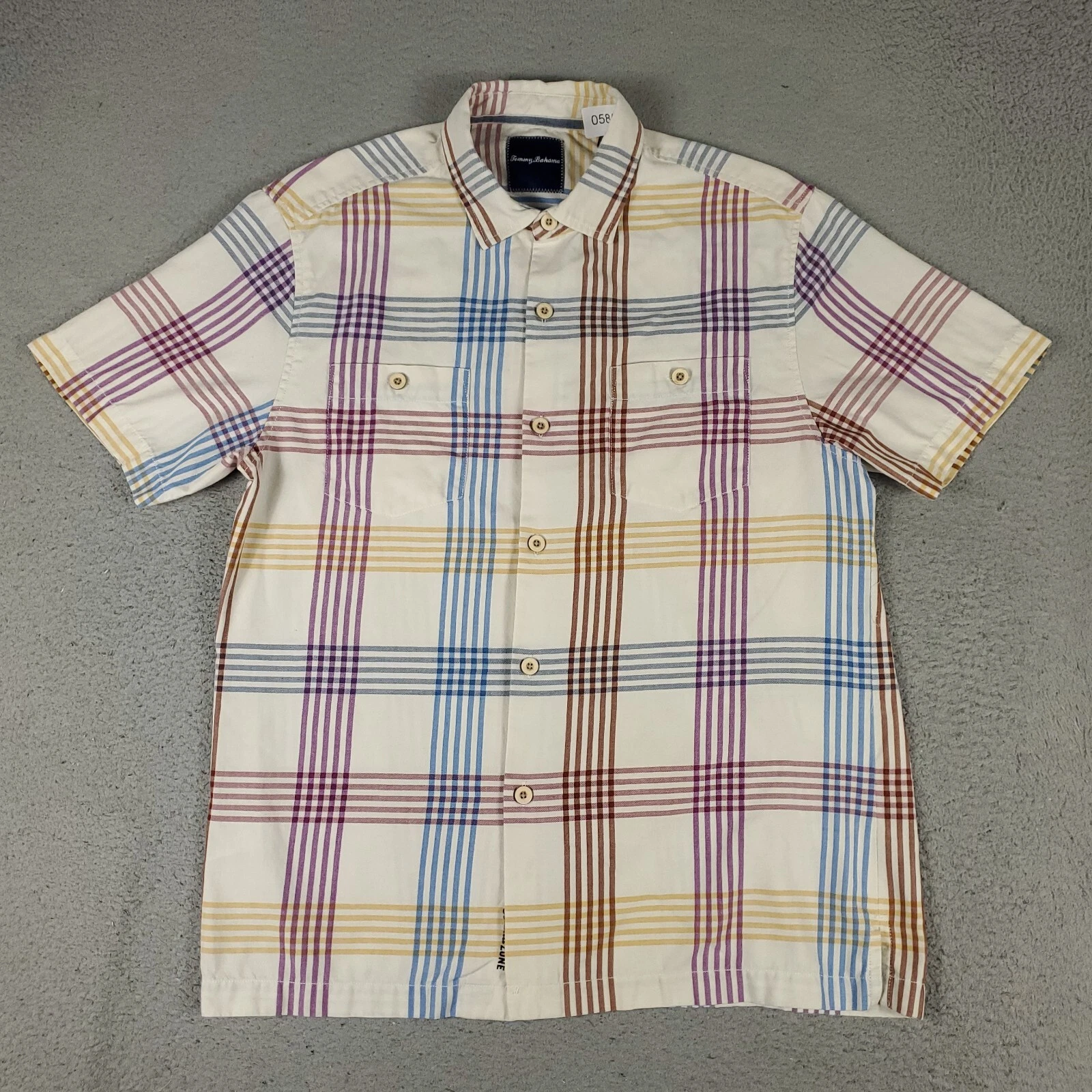 Tommy Bahama Shirt Mens Medium Red Blue Plaid Silk Button Up Short Sleeve *