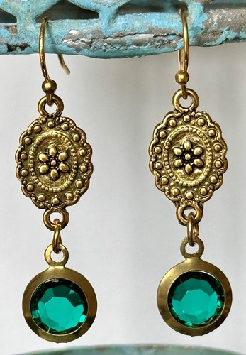 Etched Gold Flower and Vibrant Green Rhinestone Dangle Earrings. - Picture 2 of 2