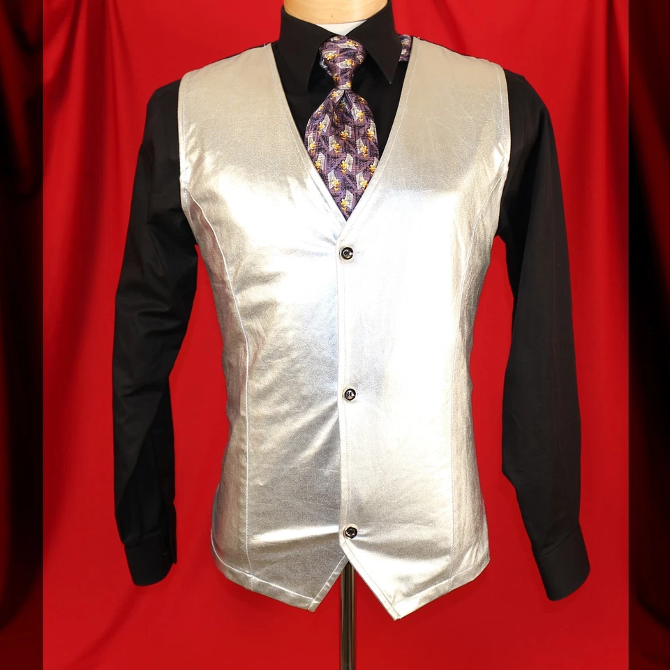 ZHELIN Silver Metallic Solid Nylon Men Formal Waistcoat Vest Size M - Image 3 of 4