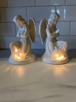 VTG Lot 2 Lighted White Porcelain chalkware Angel ABC