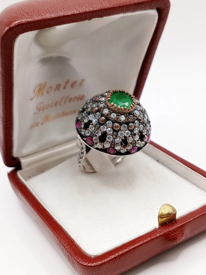 Anello Antico Vintage Argento Cupola Stile Turco Pietra Smeraldo Topazio Rubino - Immagine 3 di 4