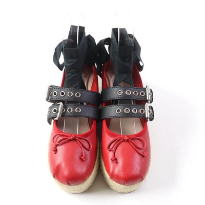 Miu Miu Red Leather Lace-Up Platform Ballet Shoes with Ribbon