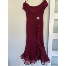 Burgundy Off Shoulder Mermaid Gown Rhinestone Brooch Ruffle Hem USA Made M
