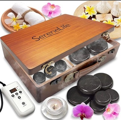 SereneLife PSLMSGST70B Heating Box Hot Stone Massage Kit with Warmer