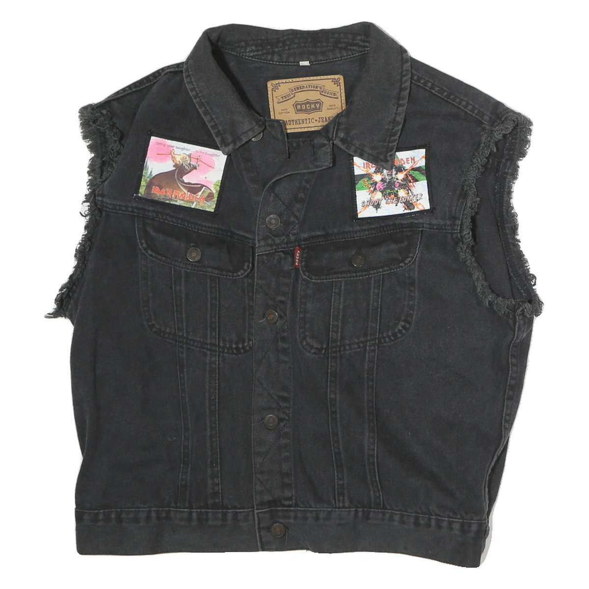 ROCKY Mens Black Denim Sleeveless Jacket M Cotton Button Plain Band Patches