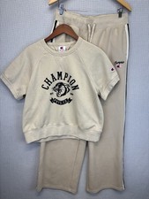 Champion Women M Beige Tracksuit Sweatshirt Sweatpants Set Lightweight Phys Ed