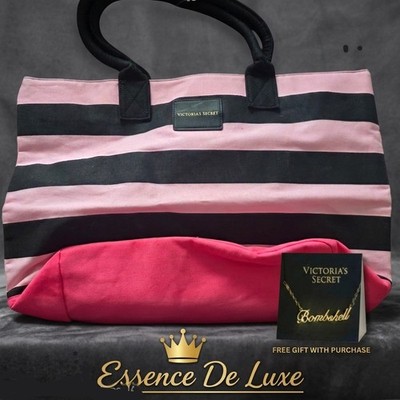  Victoria's Secret Pink and Black Striped Tote Bag + Free ''Bombshell'' Necklace