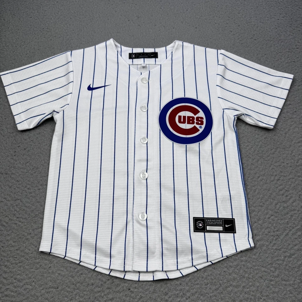 Футболка молодежная Chicago Cubs 5/6 белая синяя в тонкую полоску бейсбольная Главной лиги бейсбола Nike на пуговицах - Изображение 2 из 4