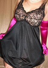 Vtg Black Sheer Bust Nylon Babydoll Slip L