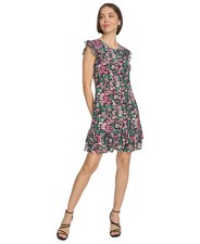 Tommy Hilfiger Women's Floral Shift Dress Flutter Sleeves Ruffled Hem Shift 14