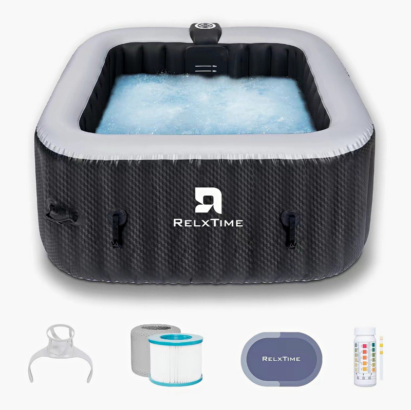 RELXTIME Square Inflatable Hot Tub 158 gal 2-3 Person 61in 110 Air Jets