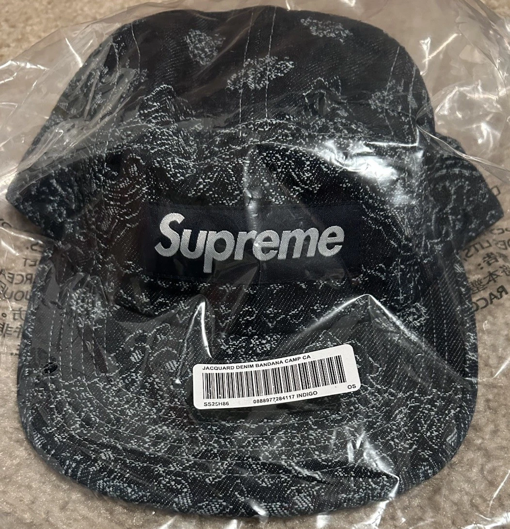 Casquette de camp en denim jacquard Supreme Bandana Indigo OS réglable SS25 NEUVE AVEC ÉTIQUETTE LIVRAISON GRATUITE