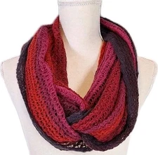 Open Knit Infinity Loop Wrap Scarf Pink Purple Red Metallic Threading Accents OS