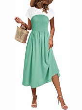 Wenrine Womens Casual Summer Midi Dress Smocked Cap Sleeve Green Size L