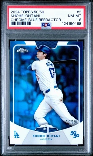 2024 Topps Chrome 50/50 Shohei Ohtani Blue Ref Jersey #17/150 1st Home Run PSA 8