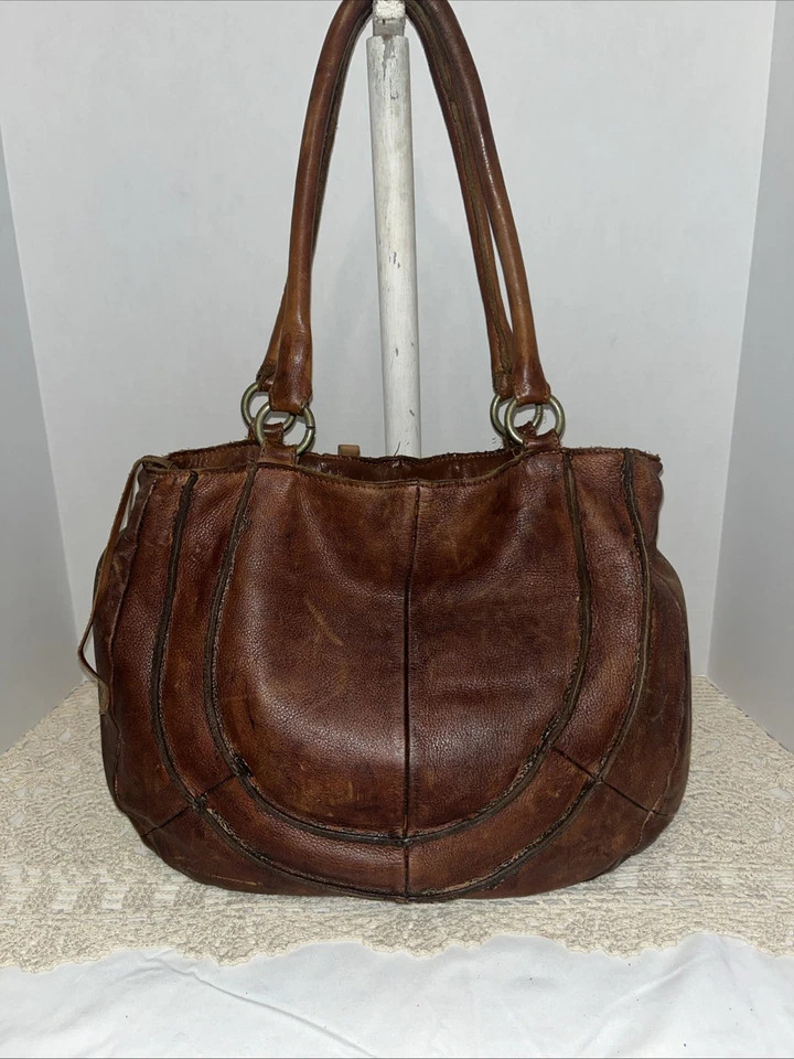 Bolso Hobo Grande Lucky Penny Anthropology Cuero Flecos Tela Estampada Forrado Foto 4 de 4