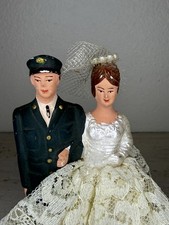 Vintage Military Army Chalkware Bride Groom Cake Topper Featuring Lace Dress